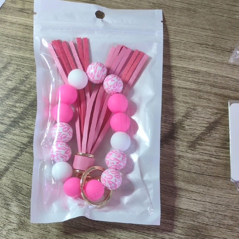 Pink and White Beaded Keychain with Tassel